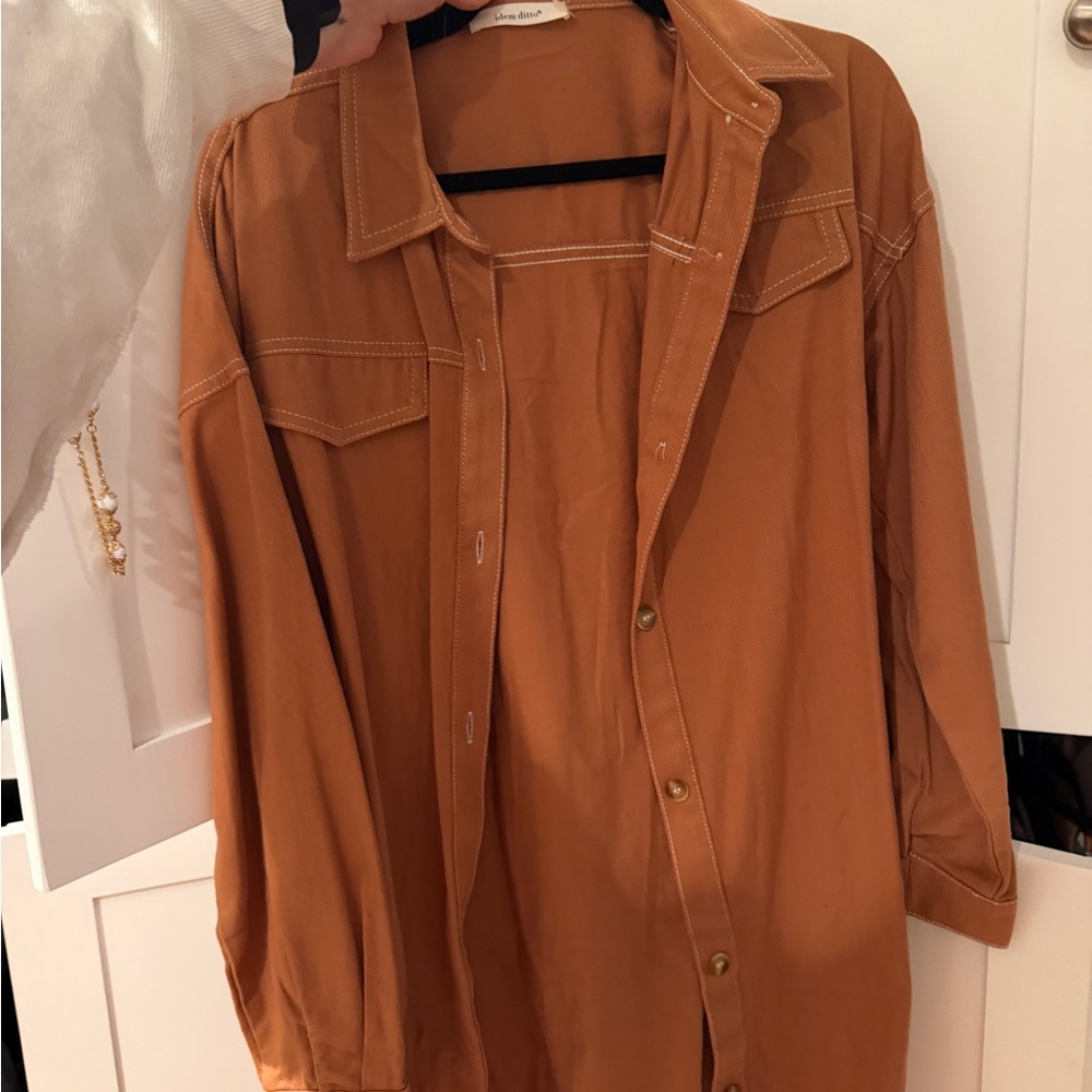 Relaxed Button-Up Shirt Jacket in Rust